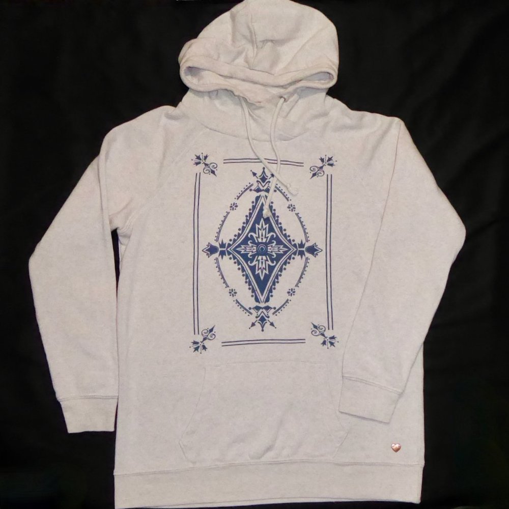 KENDALL & KYLIE HOODIE SWEATSHIRT CREAM NAVY BLUE MEDALLION KANGAROO POCKET M